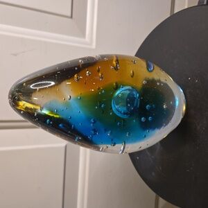 Blue and Amber Glass Art Magnum Paperweight Sculpture